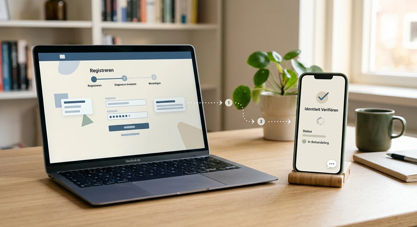 Illustratie van een generiek registratie- en identiteitsverificatieproces op laptop en telefoon zonder merkbediening of documentdetails
