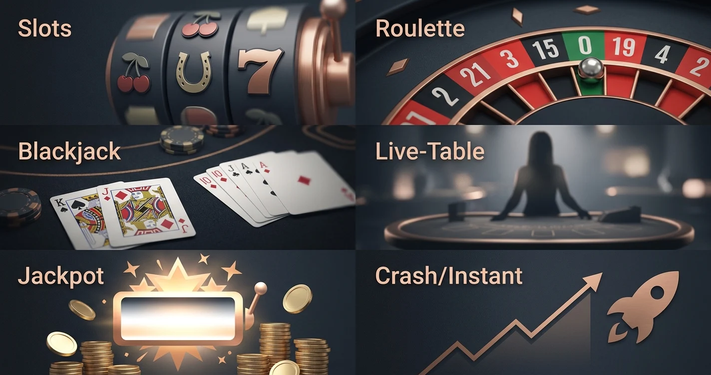 Illustratie van verschillende casinocategorieën met slotsymbolen, roulette, blackjack, jackpot en directe spellen zonder merknamen