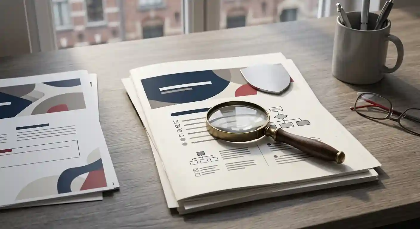 Illustratie van een Nederlands regelgevingsdocument met schild en vergrootglas zonder logo of vergunningzegel