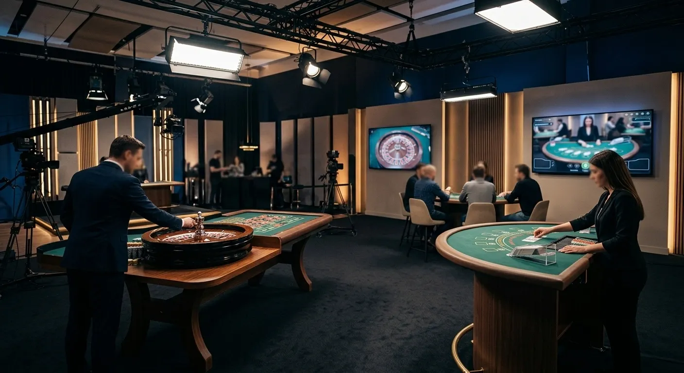 Illustratie van een generieke livecasinostudio met roulette- en blackjacktafel zonder casino-logo of herkenbare croupier