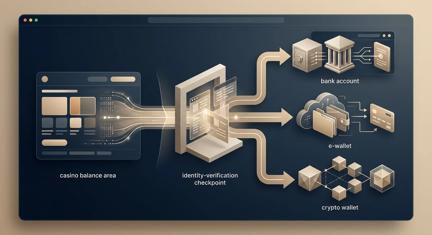 Illustratie van een opnameproces van casinobalans via verificatie naar bank, digitale portemonnee of cryptovalutavalutaportemonnee zonder bedragen of merknamen
